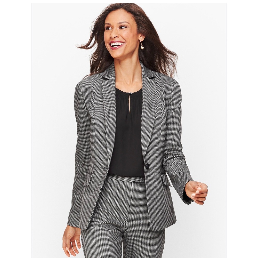Talbots Womens Black White Houndstooth Wool Blend Blazer Jacket Size 6